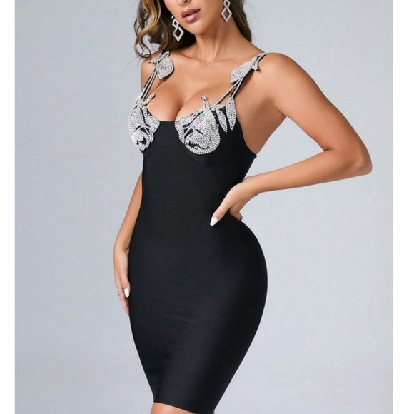 Stunning Rhinestone Detail Tie Shoulder Bustier Cami Bodycon Black Dress - Picture 2 of 7